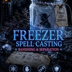 Puede incluir: Imagen oscura y mística con un tarro con las palabras "FREEZE STOP SEPARATE" en una etiqueta. El tarro está rodeado de hielo y las palabras "FREEZER SPELL CASTING" se muestran. El texto adicional incluye "BANISHING & SEPARATION" y "OUT OF MY LIFE. OUT OF MY PATH."
