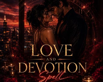 May include: A digital illustration featuring a couple in an intimate embrace against a dark, glowing city skyline at sunset. The text LOVE AND DEVOTION Spell is centered in gold and red lettering. Red roses and lit candles frame the bottom foreground.