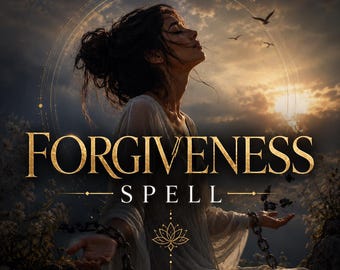 May include: A digital illustration featuring the text FORGIVENESS SPELL in gold lettering. A figure in a white dress with dark hair is shown with broken chains on their wrists, looking upward toward a sunset sky with birds and a lotus symbol.