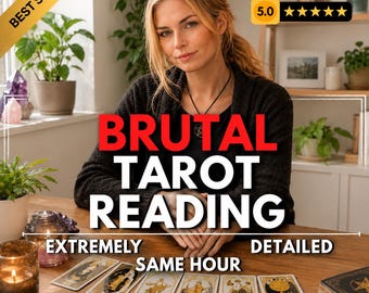 May include: A tarot reading service advertisement featuring the text BRUTAL TAROT READING, EXTREMELY DETAILED, and SAME HOUR. Six tarot cards are laid out on a wooden table alongside a lit candle in a glass holder and a deck of cards.