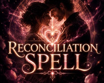 May include: Digital art featuring a couple embracing, with a glowing heart between them. The words "Reconciliation Spell" are written in elegant gold script, set against a cosmic background with pink and purple hues.