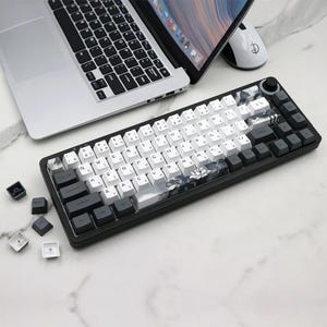 May include: A black and white mechanical keyboard with Japanese characters on the keycaps. The keyboard has a landscape design with a lotus flower. A laptop and mouse are in the background.