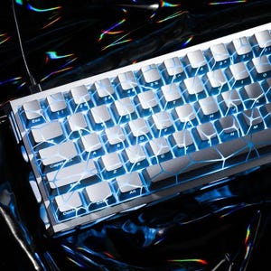 May include: A silver mechanical keyboard with white keycaps and blue LED backlighting. The keyboard has a compact design with keys such as Esc, Caps Lock, Shift, and Control. The keys are illuminated with a bright blue glow.
