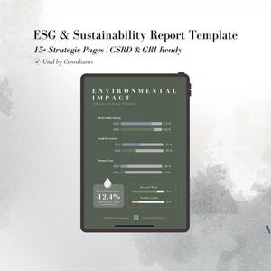 Puede incluir: Una tableta digital muestra una plantilla de informe de "Impacto Ambiental". La pantalla muestra visualizaciones de datos para energías renovables, electricidad de la red, gas natural, consumo de agua y residuos reciclados. El texto en la parte superior dice "ESG & Sustainability Report Template."