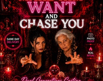 May include: Two individuals with dark hair and light hair respectively, positioned behind a crystal ball on a table with red candles. The text reads: MAKE HIM WANT AND CHASE YOU, SAME DAY DELIVERY, PHOTO PROOF, REAL RITUAL, Dual Generations Casting, ANCESTRAL RITUAL, POWERFUL RESULTS, DISCREET SERVICE.