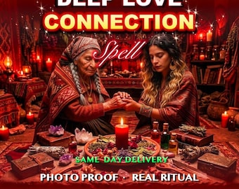 May include: A digital graphic featuring two individuals in red garments performing a ritual with a central red candle, crystals, and herbs. Text overlays include DEEP LOVE CONNECTION Spell, SAME DAY DELIVERY, PHOTO PROOF, REAL RITUAL, and DUAL GENERATIONS CASTING.
