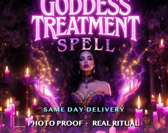 May include: A digital art image with a woman in a purple dress, surrounded by candles. The text "GODDESS TREATMENT SPELL" is in a glowing purple font. Additional text includes "SAME DAY DELIVERY", "PHOTO PROOF REAL RITUAL", "Ancestral Ritual Dual Generations Casting".