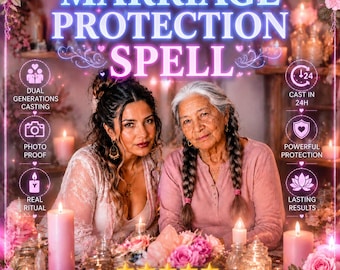 May include: A digital graphic titled MARRIAGE PROTECTION SPELL featuring two women, one with dark hair and one with gray braided hair, surrounded by pink roses and candles. Text includes DUAL GENERATIONS CASTING, PHOTO PROOF, REAL RITUAL, CAST IN 24H, POWERFUL PROTECTION, LASTING RESULTS, and Cast by Sofia & Doña Isabela.