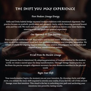 May include: Text on a dark background reads "THE SHIFT YOU MAY EXPERIENCE." Additional text describes Andean traditions, spiritual experiences, and transformation. The text is in a white, elegant font.