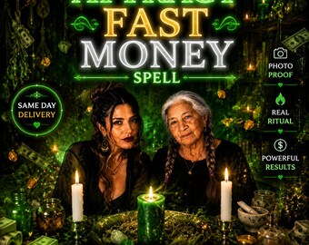 May include: A digital graphic featuring two people with dark hair, one younger and one older, positioned behind a green candle and two white candles. The text reads ATTRACT FAST MONEY SPELL, SAME DAY DELIVERY, PHOTO PROOF, REAL RITUAL, POWERFUL RESULTS, and DUAL GENERATIONS CASTING.