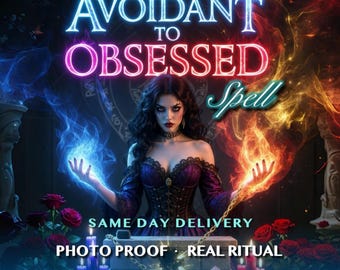 May include: Digital art featuring a woman in a purple and blue dress, with dark hair and makeup, holding blue and orange flames. The text reads "AVOIDANT TO OBSESSED Spell", "SAME DAY DELIVERY", "PHOTO PROOF REAL RITUAL", and "Ancestral Ritual Dual Generations Casting".
