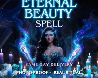 May include: An image promoting an "Eternal Beauty Spell" with a woman in a blue dress, surrounded by candles and glowing energy. Text includes "Same Day Delivery," "Photo Proof," and "Real Ritual."