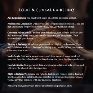 May include: A dark background with the text "LEGAL & ETHICAL GUIDELINES" in white. The text details age requirements, professional disclaimers, outcome policies, timing, delivery, refund policies, confidentiality, and the right to refuse service. The text also states that services are for entertainment purposes.