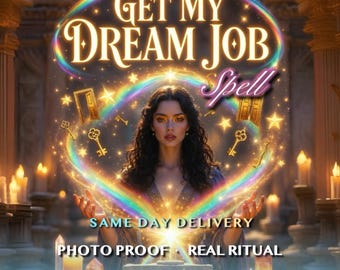 May include: An image with the text "GET MY DREAM JOB Spell" above a woman with long dark hair. The image includes keys, doors, and stars, with the text "SAME DAY DELIVERY, PHOTO PROOF, REAL RITUAL, Ancestral Ritual - Dual Generations Casting".