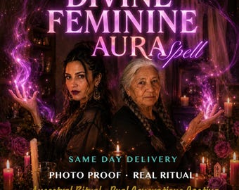 May include: A digital graphic featuring two individuals with purple energy swirling around their hands. Text reads: DIVINE FEMININE AURA Spell, SAME DAY DELIVERY, PHOTO PROOF REAL RITUAL, and Ancestral Ritual Dual Generations Casting.