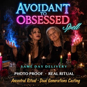 May include: Two individuals sit behind a table with candles and red roses. Text reads: AVOIDANT TO OBSESSED Spell, SAME DAY DELIVERY, PHOTO PROOF, REAL RITUAL, Ancestral Ritual, Dual Generations Casting. Blue and red smoke emanates from their hands.