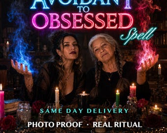 May include: Two individuals sit behind a table with candles and red roses. Text reads: AVOIDANT TO OBSESSED Spell, SAME DAY DELIVERY, PHOTO PROOF, REAL RITUAL, Ancestral Ritual, Dual Generations Casting. Blue and red smoke emanates from their hands.