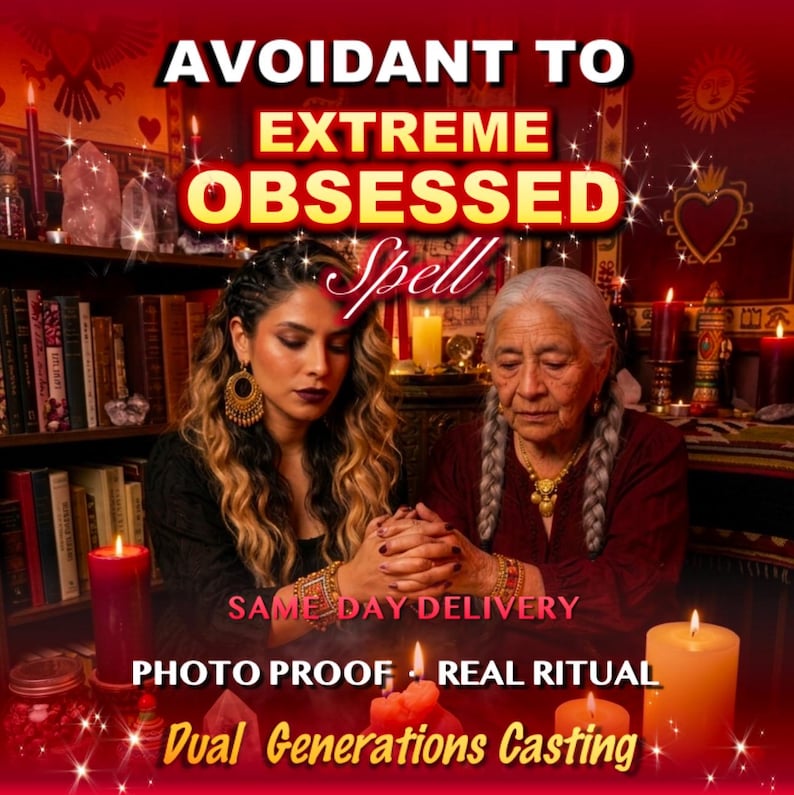 May include: An image with the text "AVOIDANT TO EXTREME OBSESSED Spell". Two women are seated, with candles and books in the background. The text "SAME DAY DELIVERY", "PHOTO PROOF REAL RITUAL", and "Dual Generations Casting" are also visible.