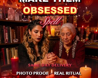May include: A digital graphic featuring two people with hands clasped over candles, with text reading MAKE THEM OBSESSED Spell, SAME DAY DELIVERY, PHOTO PROOF, REAL RITUAL, and Dual Generations Casting, set against a background of books and candles.