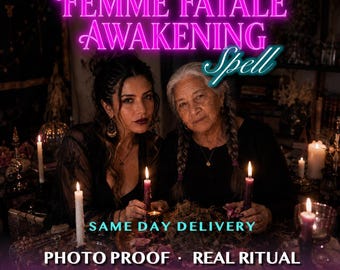 May include: Two individuals sit behind a table with lit purple candles and a bowl of herbs. Text reads: FEMME FATALE AWAKENING Spell, SAME DAY DELIVERY, PHOTO PROOF · REAL RITUAL, Ancestral Ritual · Dual Generations Casting.