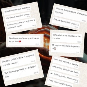 May include: A collage of text message screenshots with various messages. The messages include phrases like "OMG Sofia!! He just texted me," "Sending u and your grandma so much love," and "But the energy feels so different now."