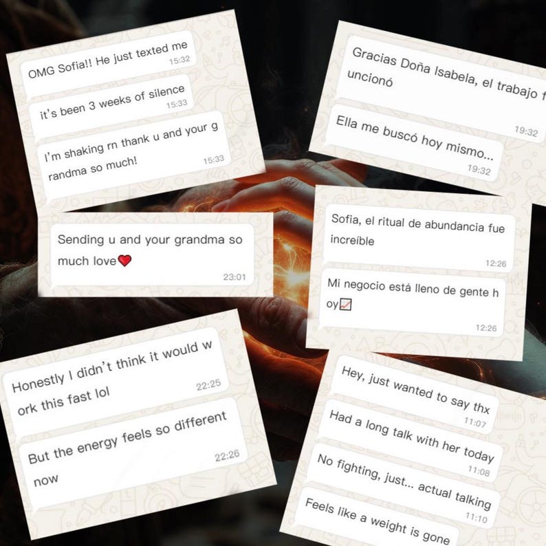 May include: A collage of text message screenshots with various messages. The messages include phrases like "OMG Sofia!! He just texted me," "Sending u and your grandma so much love," and "But the energy feels so different now."