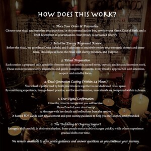 May include: Image detailing the process of a ritual service. Text includes steps like order placement, energy alignment review, ritual preparation with candles and herbs, dual-generation casting, and digital confirmation with a photo proof and guide.