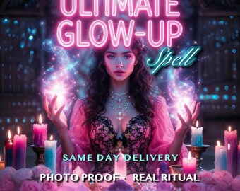 May include: An image with the text "ULTIMATE GLOW-UP Spell" in neon pink and green. A woman in a pink dress is surrounded by candles and holding glowing orbs. The text "SAME DAY DELIVERY", "PHOTO PROOF REAL RITUAL", and "Ancestral Ritual Dual Generations Casting" are also present.