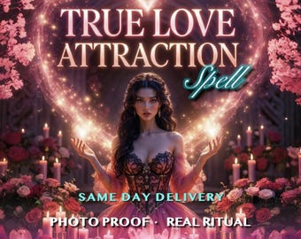 May include: A digital illustration featuring a person in a dark corset dress surrounded by pink roses and candles. Text reads: TRUE LOVE ATTRACTION Spell, SAME DAY DELIVERY, PHOTO PROOF, REAL RITUAL, Ancestral Ritual, Dual Generations Casting.