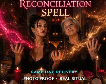 May include: Two individuals in black clothing perform a ritual with glowing pink and gold energy swirls. Text reads: LOVE RECONCILIATION SPELL, SAME DAY DELIVERY, PHOTO PROOF, REAL RITUAL, Ancestral Ritual, Dual Generations Casting. Candles surround them.