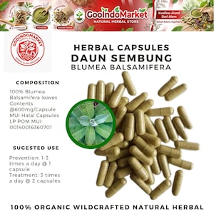 Peut inclure: Vue aérienne de nombreuses gélules à base de plantes de couleur marron clair. Les gélules sont étiquetées "HERBAL CAPSULES DAUN SEMBUNG BLUMEA BALSAMIFERA". Une image circulaire de feuilles vertes est également présente. Le texte indique que les gélules sont 100% biologiques.