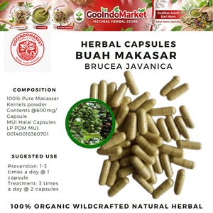 May include: A photograph of herbal capsules, labelled "Buah Makasar Brucea Javanica." The capsules are a light tan colour and are scattered on a white background. The image also includes text detailing the composition and suggested use of the capsules.