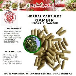 May include: A photograph of herbal capsules, identified as "Gambir" and "Uncaria Gambir." The capsules are light brown and scattered. The image includes text detailing the product's composition and suggested usage, all set against a white backdrop.