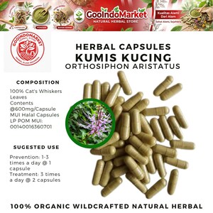 Könnte beinhalten: Ein Bild von Kräuterkapseln mit der Aufschrift "Kumis Kucing Orthosiphon Aristatus". Die Kapseln sind beige und auf weißem Hintergrund verstreut. Der Text enthält Informationen zur Zusammensetzung, Anwendung und das Logo von "GoolIndoMarket Natural Herbal Store".