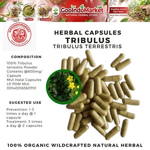 以下が含まれることがあります： 「Tribulus Tribulus Terrestris」とラベルされたハーブカプセルの画像。カプセルはベージュ色で、白い背景に散らばっています。画像には、製品の組成、推奨される使用法、および「100％ Organic Wildcrafted Natural Herbal」というフレーズに関するテキストも含まれています。