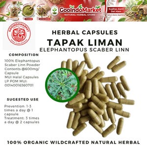 Puede incluir: Una imagen de cápsulas de hierbas Tapak Liman. Las cápsulas son de color marrón claro y están dispersas por toda la imagen. El texto de la imagen dice "HERBAL CAPSULES TAPAK LIMAN ELEPHANTOPUS SCABER LINN".