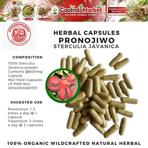 Könnte beinhalten: Das Bild zeigt Kräuterkapseln mit der Aufschrift "Pronojiwo Sterculia Javanica" in Grün- und Beigetönen. Das Bild enthält Nahaufnahmen der Kapseln, eine rote Blume und Text mit Details zur Zusammensetzung und Anwendung. Jede Kapsel enthält 600 mg Pulver.