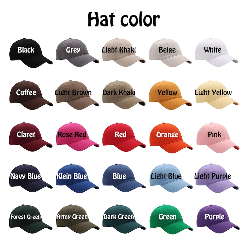 May include: A collection of baseball caps in various colors, including black, grey, light khaki, beige, white, coffee, light brown, dark khaki, yellow, light yellow, claret, rose red, red, orange, pink, navy blue, klein blue, blue, light blue, light purple, forest green, army green, dark green, green, and purple. The text "Hat color" is at the top.