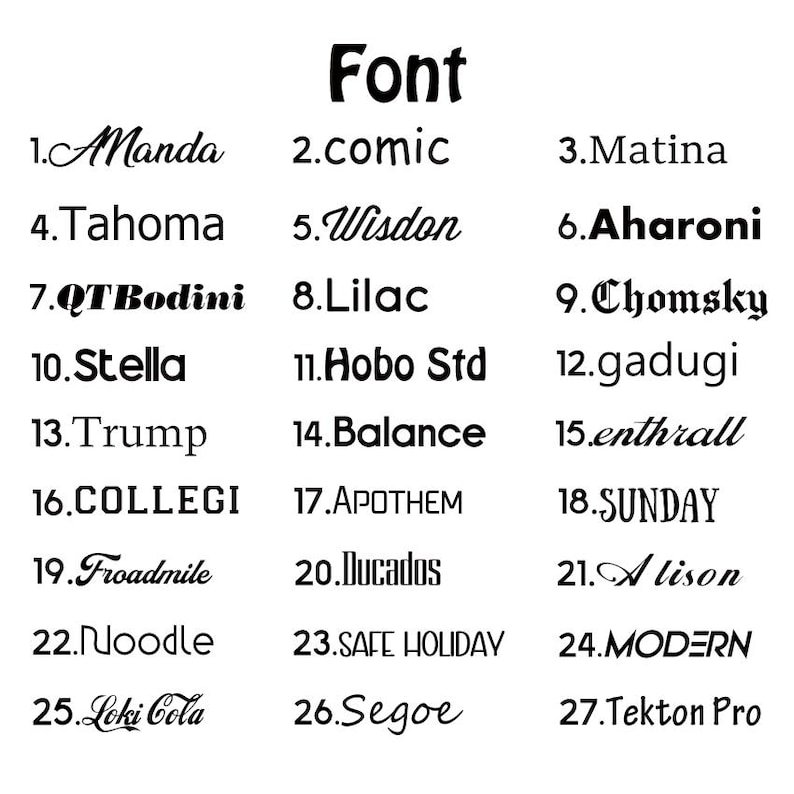 May include: A white background displays the word "Font" in bold black letters above a list of 27 different font styles. Each font is numbered and presented in a unique style, ranging from elegant scripts to modern sans-serifs.