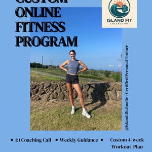 Könnte beinhalten: Ein blauer Poster mit dem Text "CUSTOM ONLINE FITNESS PROGRAM" und dem Island Fit Collective Logo. Eine Frau in Sportkleidung steht vor einer Landschaft. Der Text enthält "1:1 Coaching Call", "Weekly Guidance" und "Custom 4-week Workout Plan."
