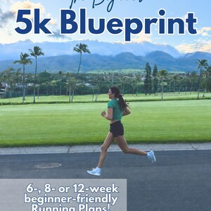 May include: A digital guide titled The Beginner 5k Blueprint featuring a runner in a green shirt and black shorts on a road. The text includes 6-, 8- or 12-week beginner-friendly Running Plans! and Created by former DI Athlete & Certified Coach.