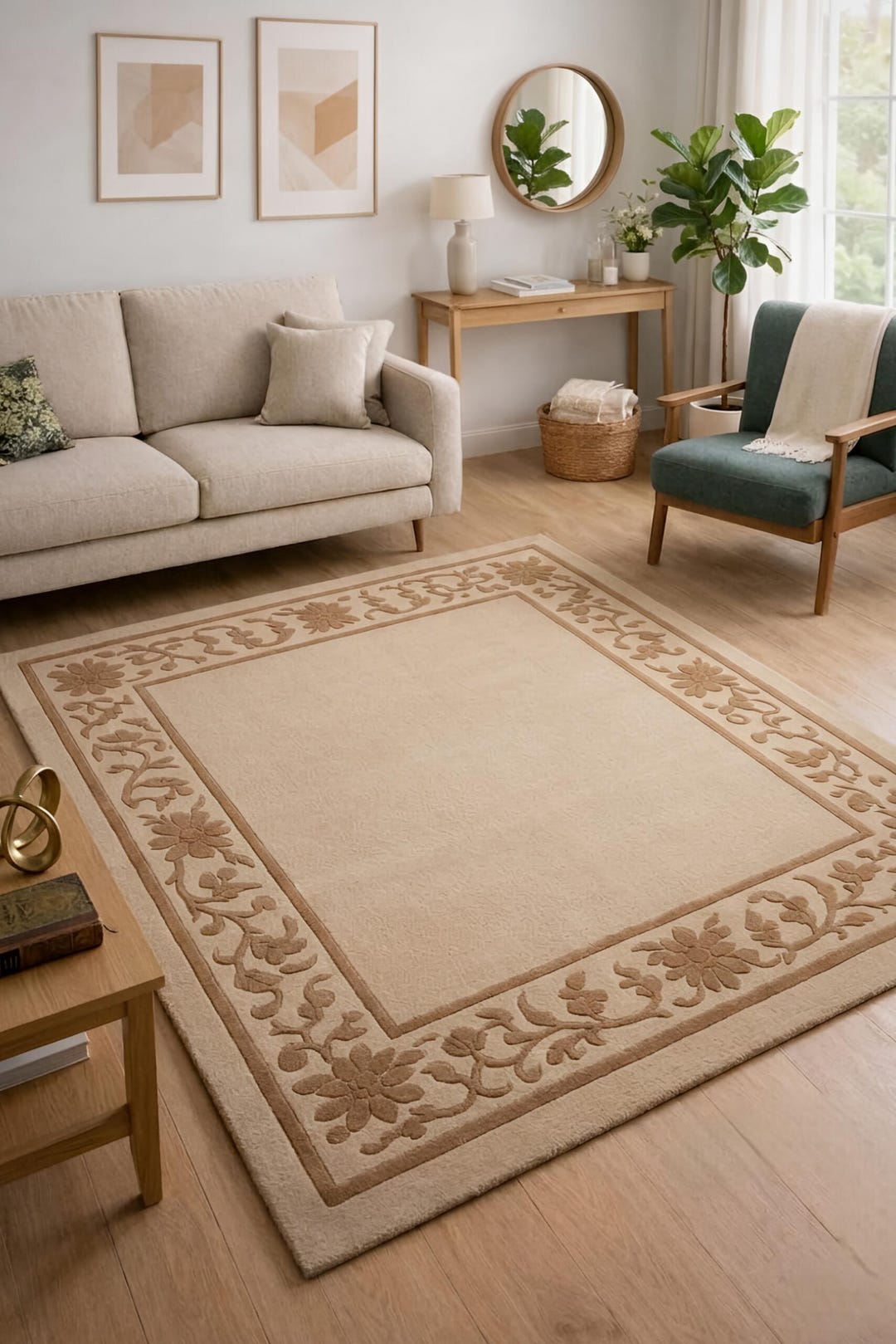 Hand-tufted Floral Border Area Rug, Beige and Brown Wool Carpet for ...