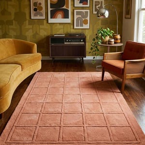 Handmade Rug Hand Tufted Wool Rug | Soft Peach Grid Pattern Rectangular Carpet with Modern Minimal Geometric HandCarved Plush Pile Design