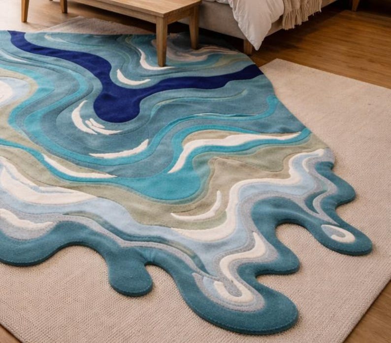 Blue Ocean Wave Hand Tufted Wool Rug - Abstract Irregular Shape Area ...