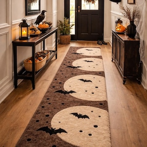Full Moon and Bats Halloween Runner Rug - Spooky Gothic Entryway Decor - Dark Academia Area Wool Rug - Witchy Celestial Moon Home Decor