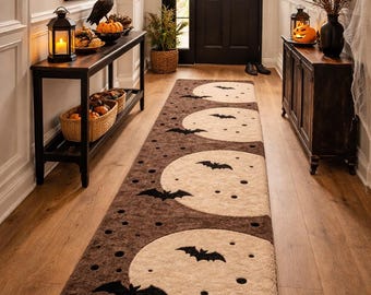 May include: Brown Halloween-themed runner rug with large white circles, black bats, and dots. The rug is placed in a hallway decorated with Halloween items, including a raven, pumpkins, and a witch hat.