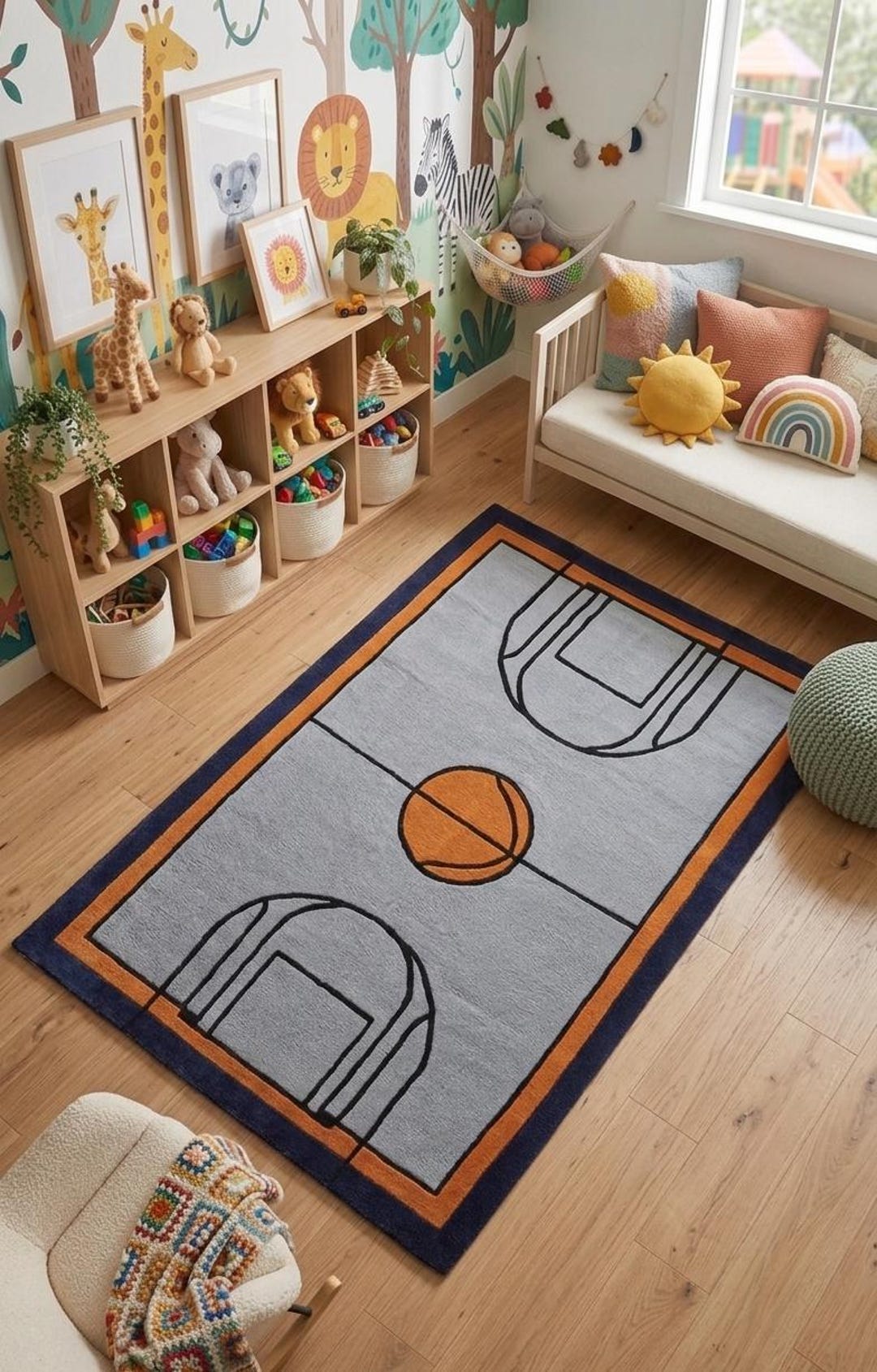 Basketball Court Area Wool Rug - Modern Sports Themed Kids Bedroom 6x9 ...