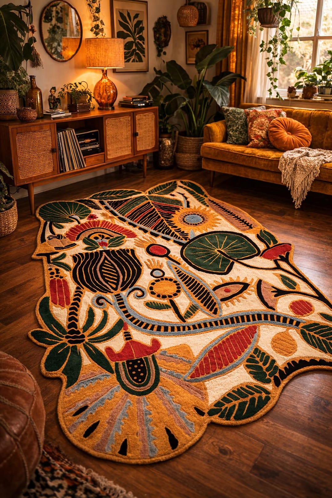 Boho Botanical Tufted Rug, Nature Inspired Statement Wool Rug Irregular ...