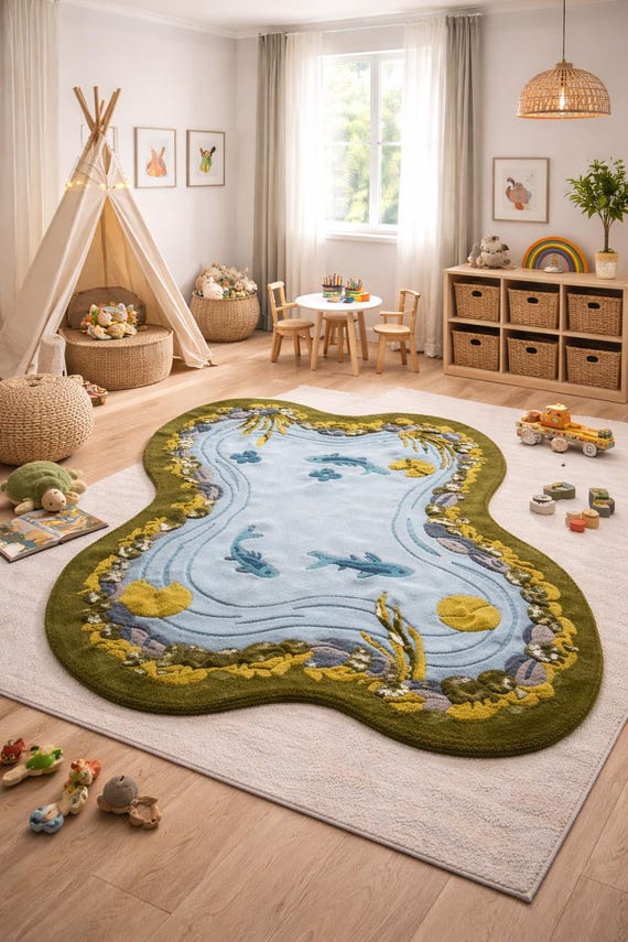 Hand-Tufted Koi Pond Area Rug - Irregular Shaped Blue Water Lily Pad Wool Carpet - Unique Nature-Inspired Floor Mat-Whimsical Aesthetic Rug