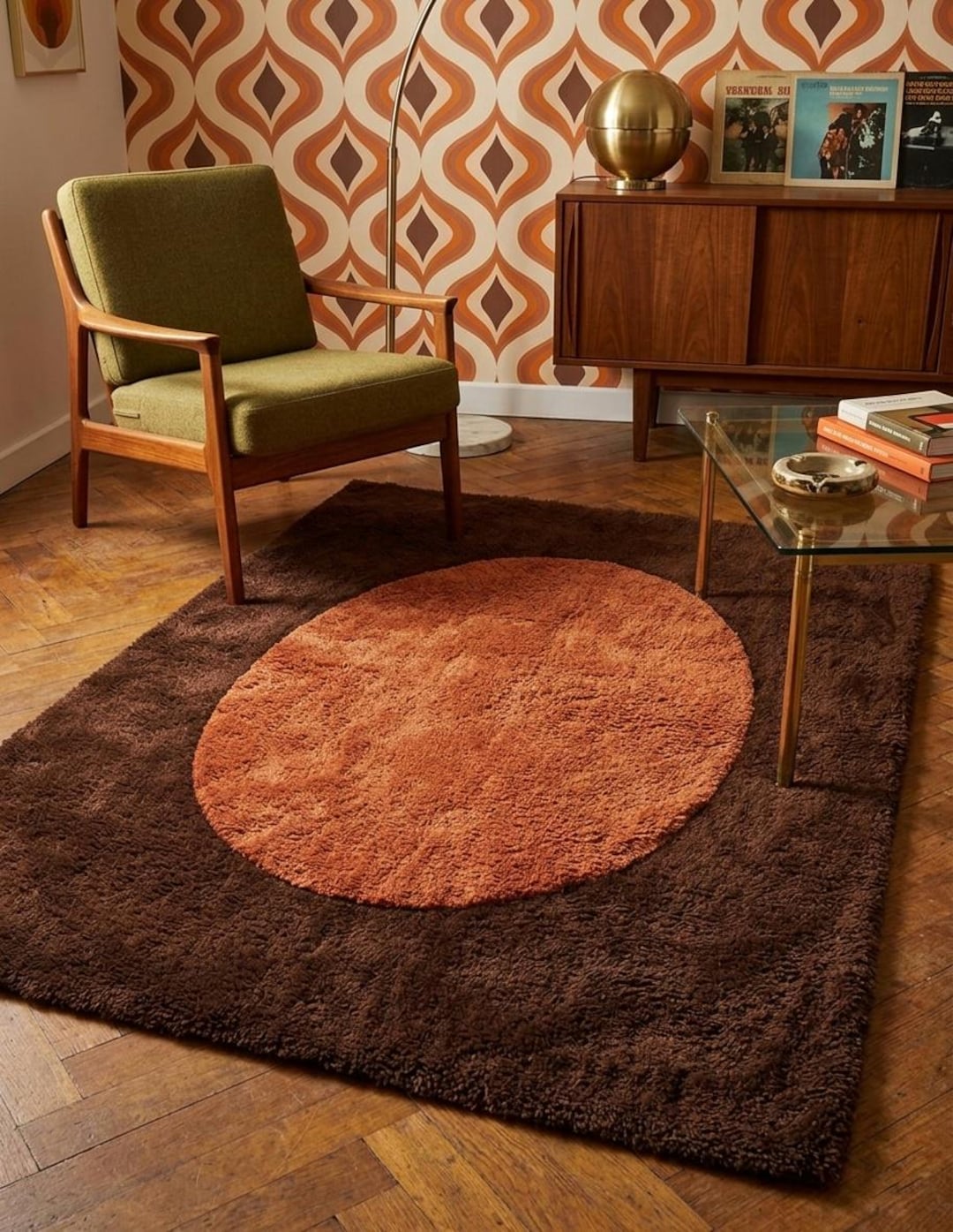 Retro 70s Shag Wool Area Rug - 8x10 9x12 Concentric Brown & Orange Oval ...